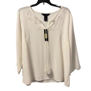 Investments White Embroidered Long Sleeve Blouse/Tassel Tie Neckline Sz L top. N